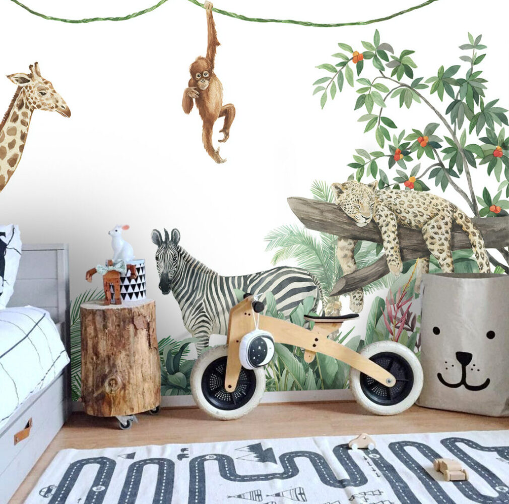 Jungle Friends Wallpaper : Giraffe and Monkey Kids Mural - View 3