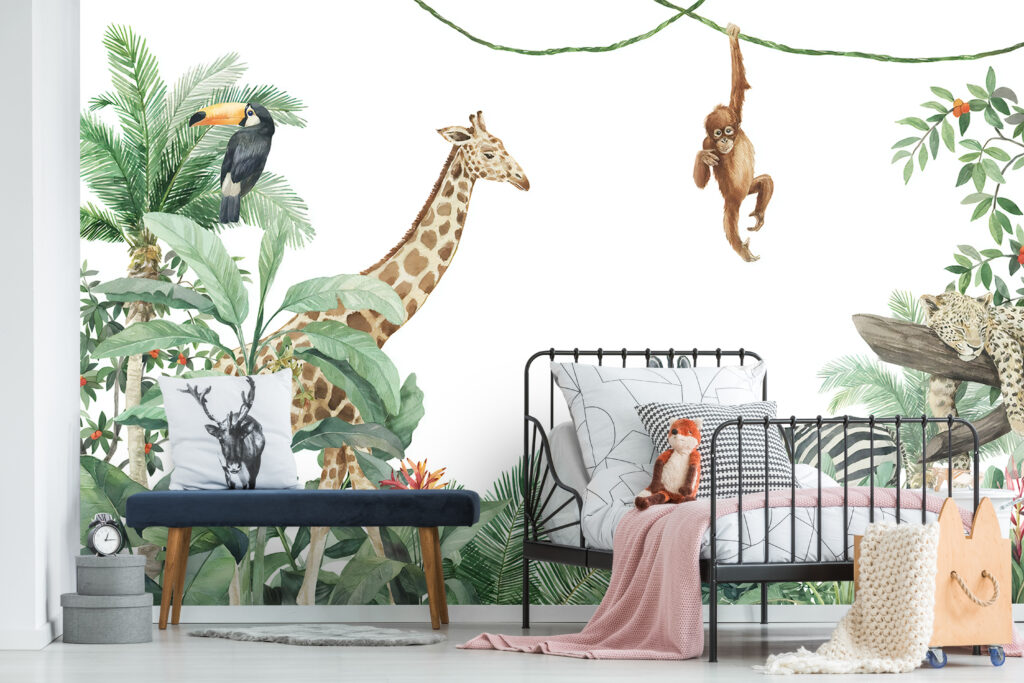 Jungle Friends Wallpaper : Giraffe and Monkey Kids Mural - View 2
