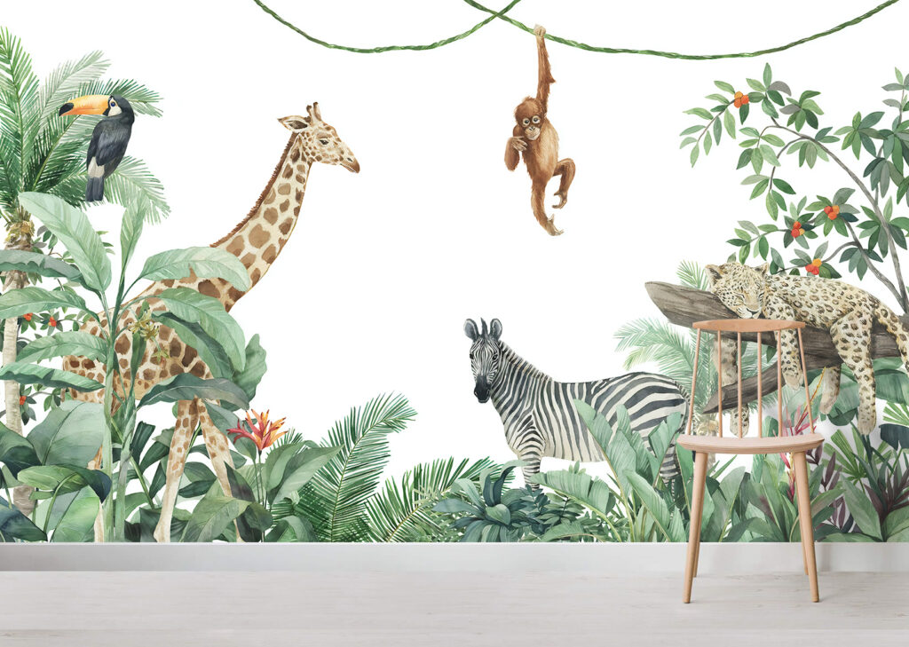 Jungle Friends Wallpaper : Giraffe and Monkey Kids Mural - View 5