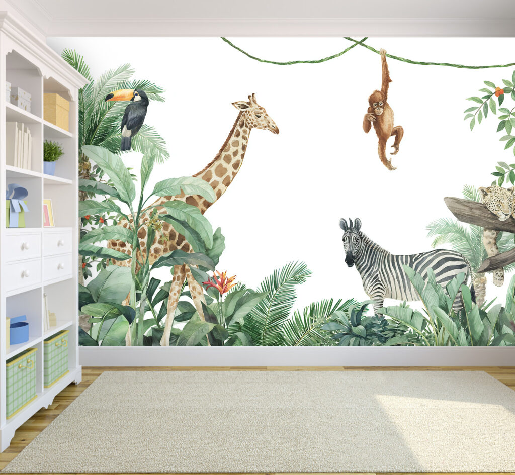 Jungle Friends Wallpaper : Giraffe and Monkey Kids Mural - View 4