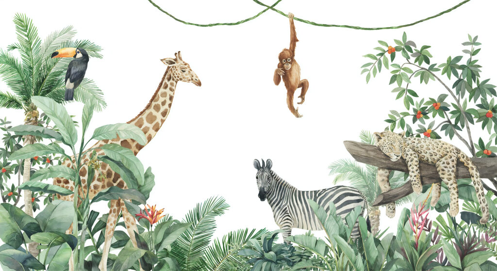 Jungle Friends Wallpaper : Giraffe and Monkey Kids Mural - flat design
