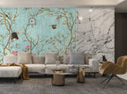 Turquoise Chinoiserie Wallpaper : Blossom Branch And Birds Mural