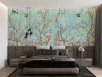 Turquoise Chinoiserie Wallpaper : Blossom Branch And Birds Mural - View 3