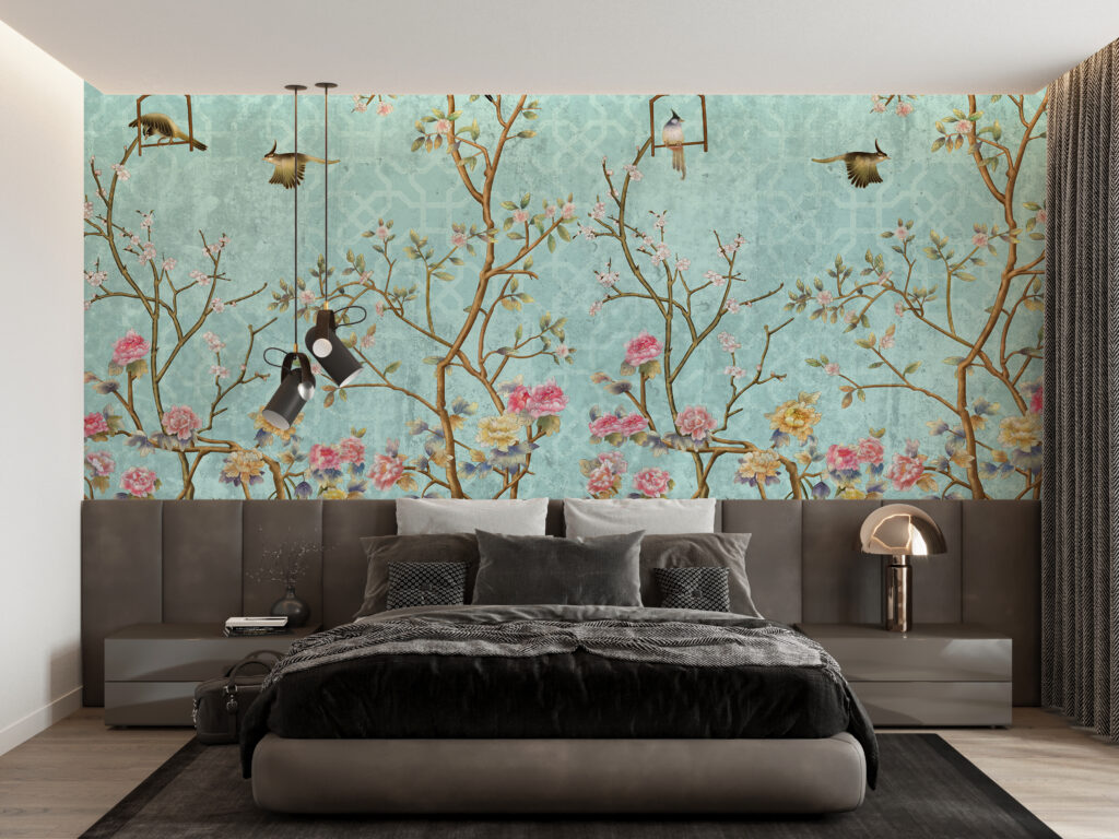 Turquoise Chinoiserie Wallpaper : Blossom Branch And Birds Mural - View 3