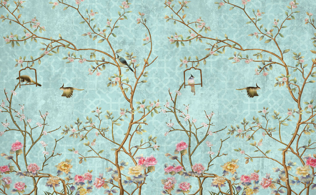 Turquoise Chinoiserie Wallpaper : Blossom Branch And Birds Mural - View 2