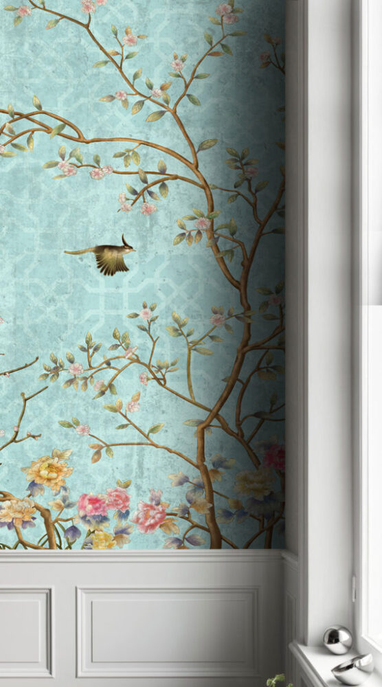 Turquoise Chinoiserie Wallpaper : Blossom Branch And Birds Mural - View 5