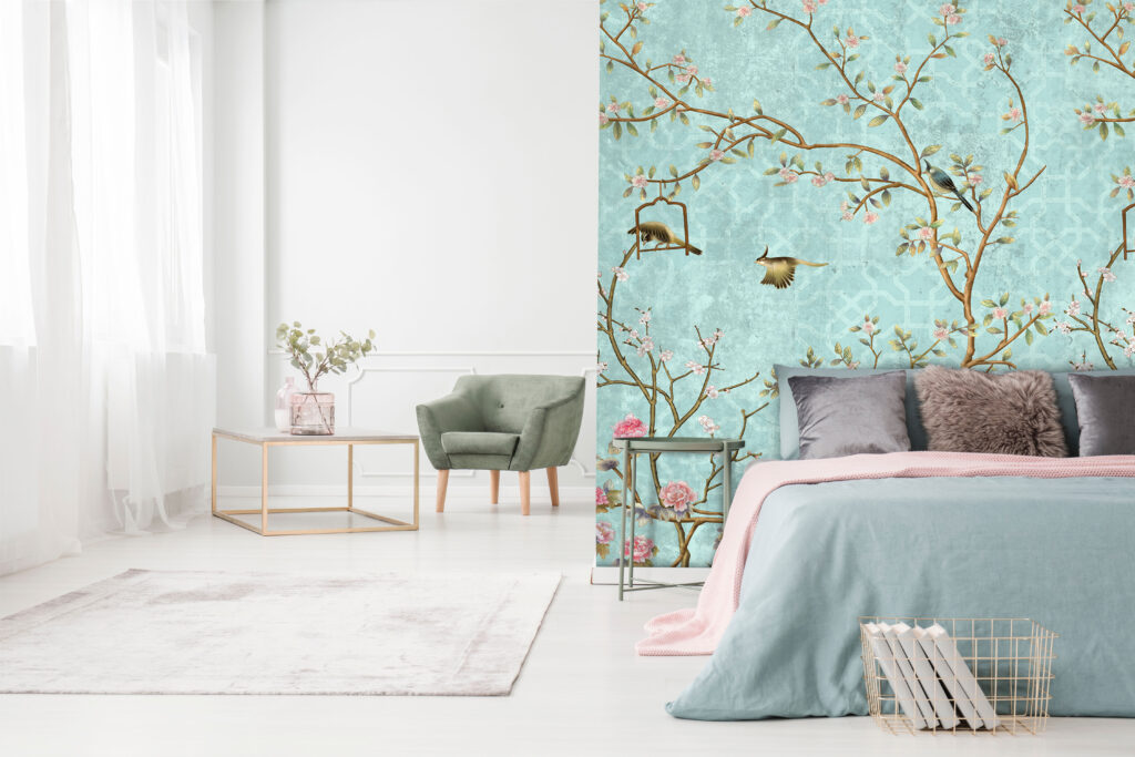 Turquoise Chinoiserie Wallpaper : Blossom Branch And Birds Mural - View 4