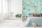 Turquoise Chinoiserie Wallpaper : Blossom Branch And Birds Mural - View 4