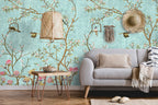 Turquoise Chinoiserie Wallpaper : Blossom Branch And Birds Mural - View 6