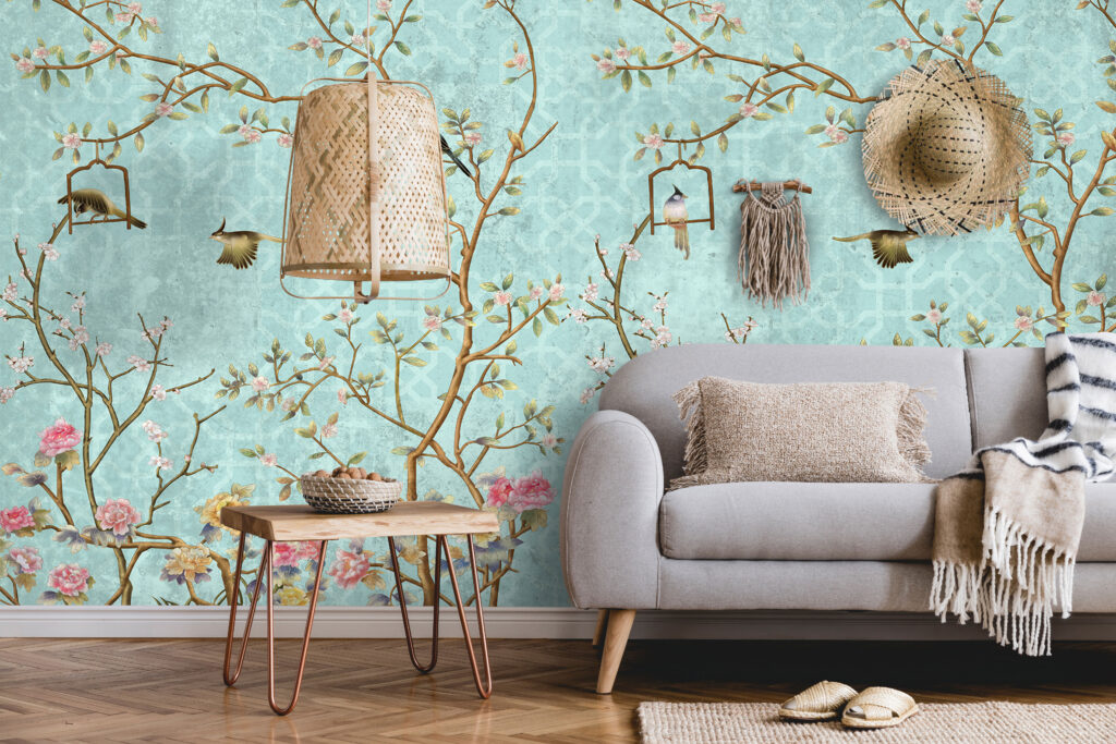Turquoise Chinoiserie Wallpaper : Blossom Branch And Birds Mural - View 6