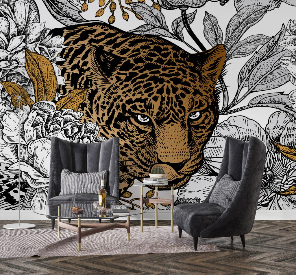 Leopard Floral Wallpaper : Gold and Black Line Art Mural