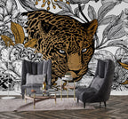 Leopard Floral Wallpaper : Gold and Black Line Art Mural