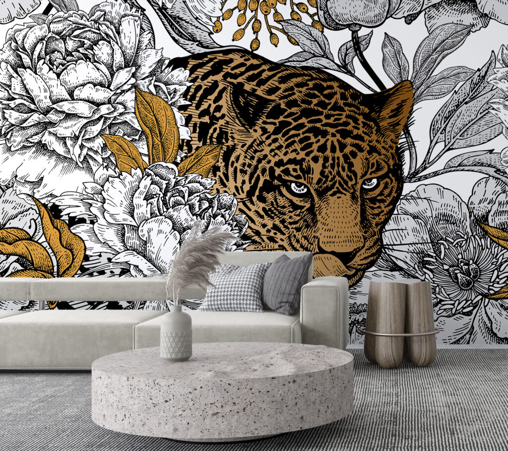 Leopard Floral Wallpaper : Gold and Black Line Art Mural - View 2