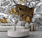 Leopard Floral Wallpaper : Gold and Black Line Art Mural - View 2