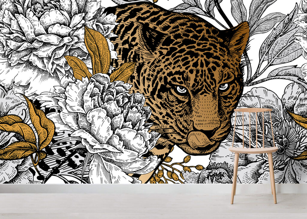 Leopard Floral Wallpaper : Gold and Black Line Art Mural - View 3