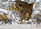 Leopard Floral Wallpaper : Gold and Black Line Art Mural - View 3