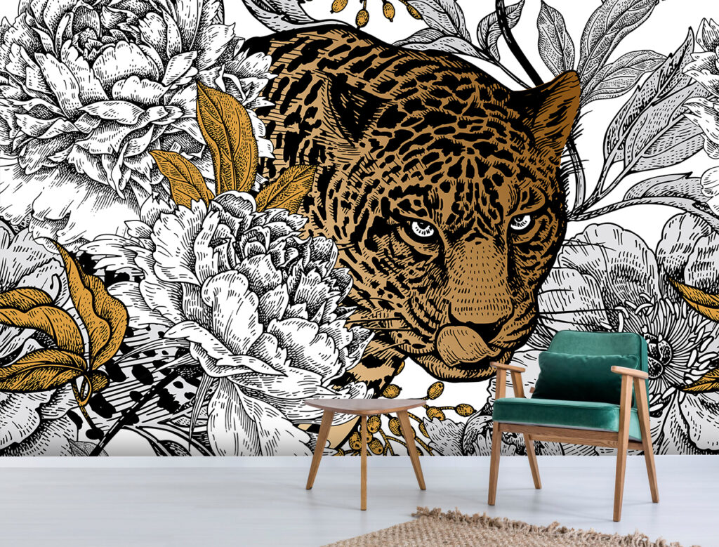 Leopard Floral Wallpaper : Gold and Black Line Art Mural - View 5