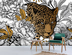 Leopard Floral Wallpaper : Gold and Black Line Art Mural - View 5