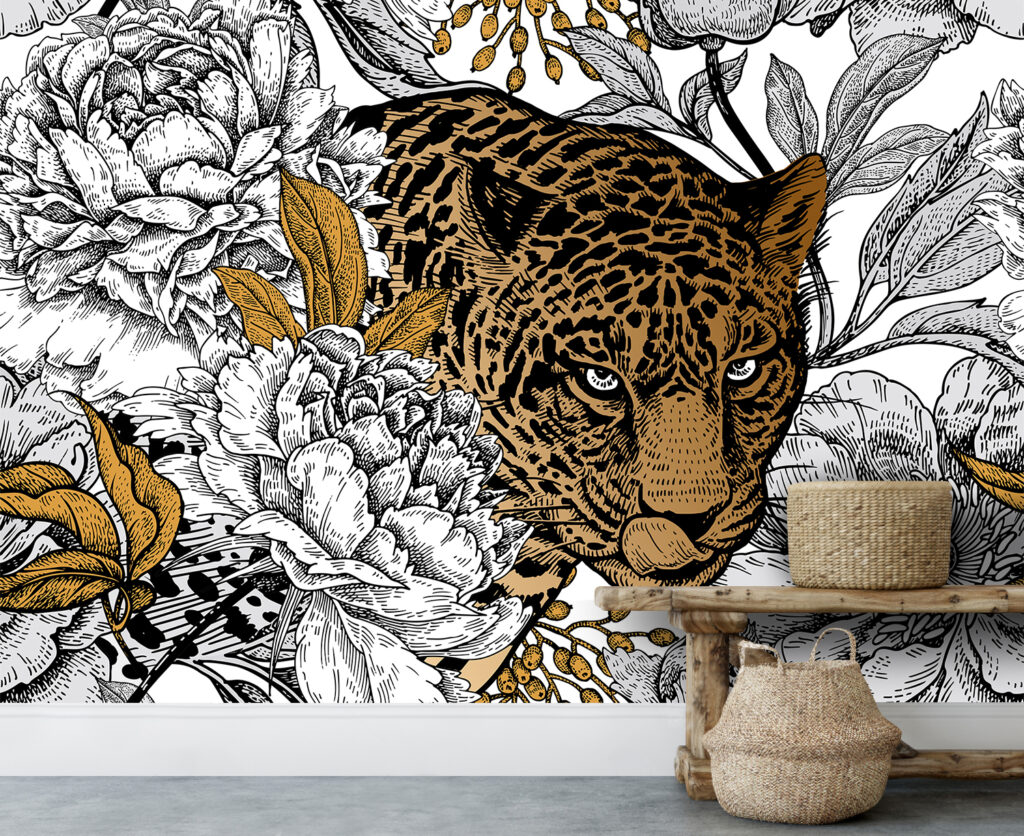 Leopard Floral Wallpaper : Gold and Black Line Art Mural - View 4