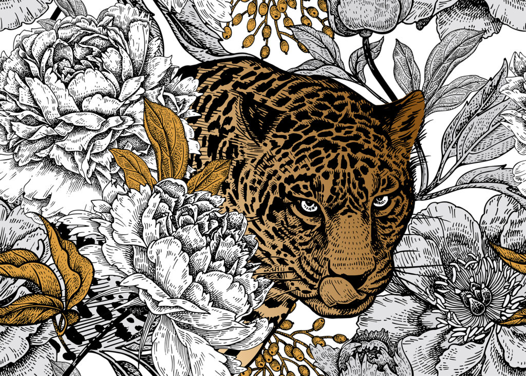 Leopard Floral Wallpaper : Gold and Black Line Art Mural - flat design