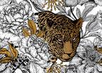 Leopard Floral Wallpaper : Gold and Black Line Art Mural - flat design