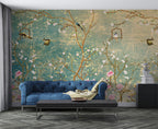 Vintage Chinoiserie Wallpaper : Distressed Green Blossom Mural - View 3
