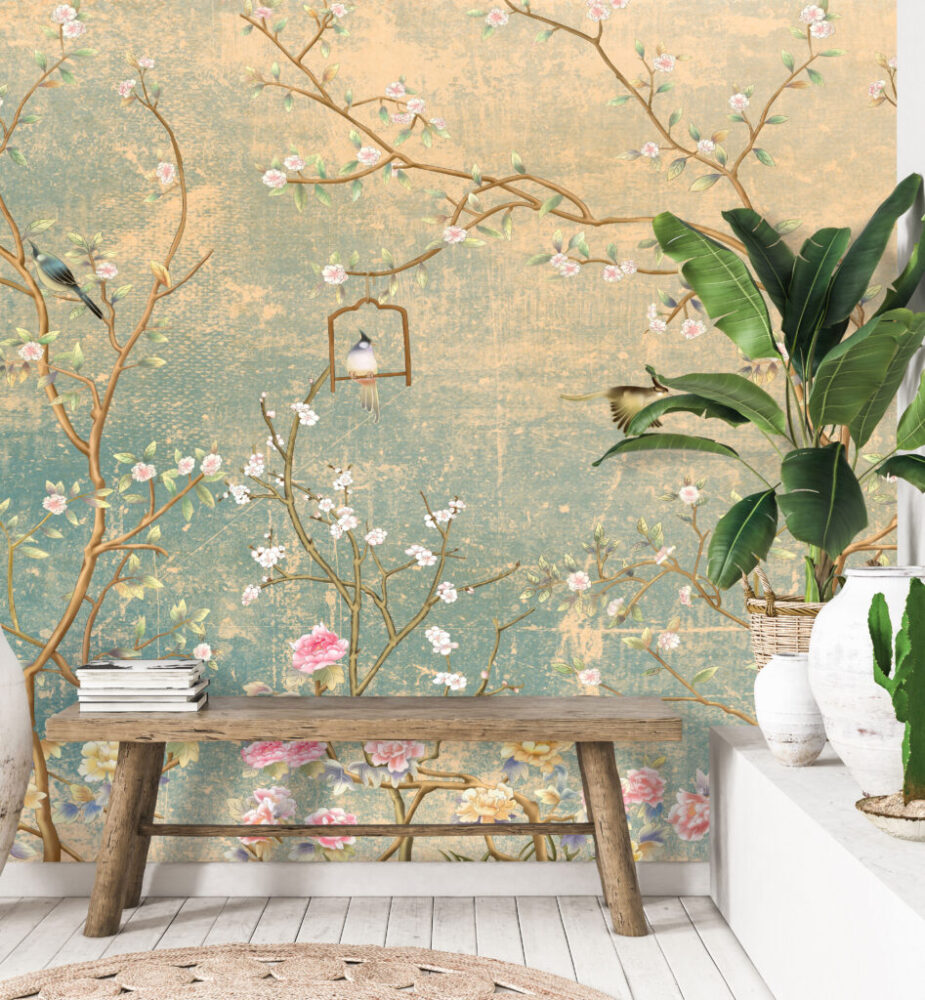 Vintage Chinoiserie Wallpaper : Distressed Green Blossom Mural - View 6