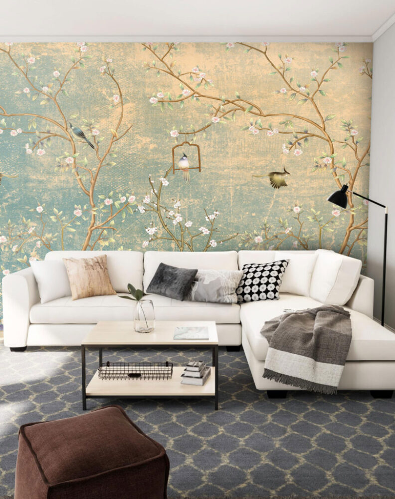 Vintage Chinoiserie Wallpaper : Distressed Green Blossom Mural - View 5