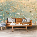 Vintage Chinoiserie Wallpaper : Distressed Green Blossom Mural - View 4