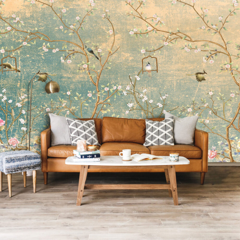 Vintage Chinoiserie Wallpaper : Distressed Green Blossom Mural - View 4