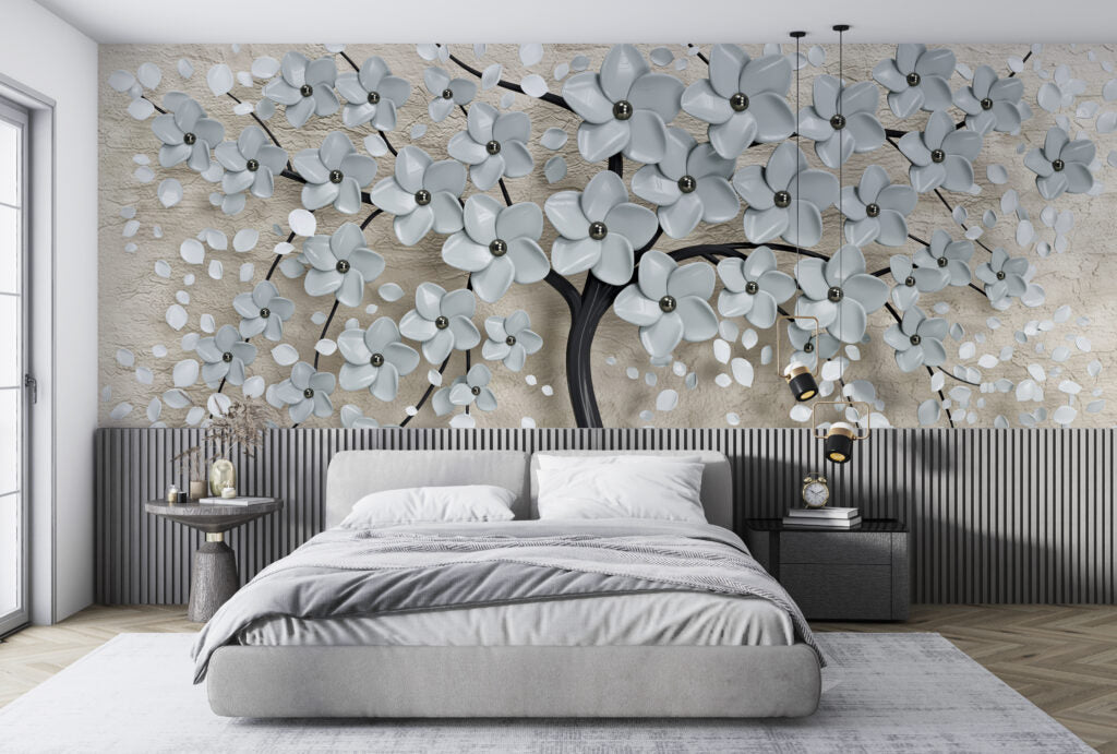 3D Blossom Tree Wallpaper : Pale Blue Flowers on Beige Mural