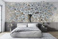 3D Blossom Tree Wallpaper : Pale Blue Flowers on Beige Mural