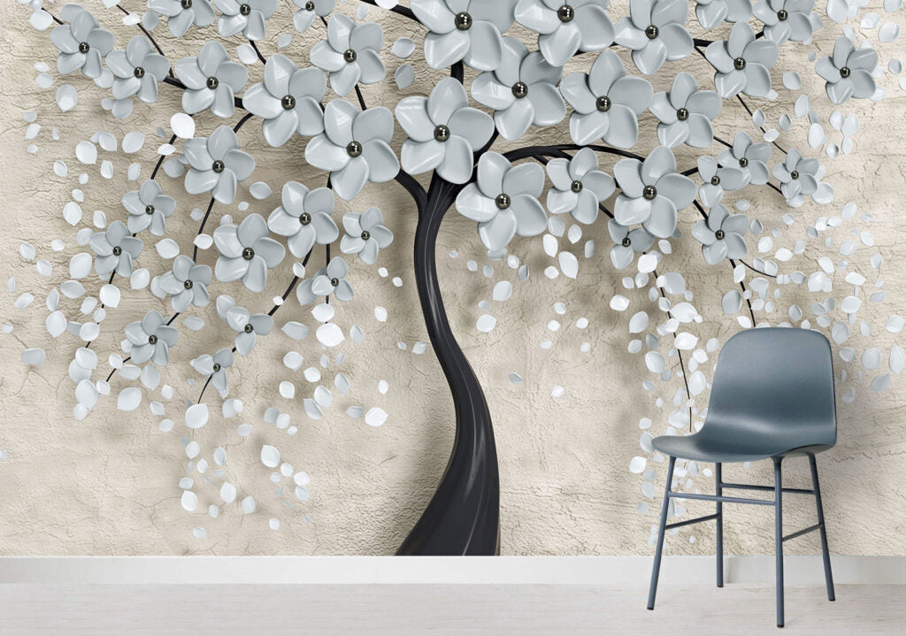 3D Blossom Tree Wallpaper : Pale Blue Flowers on Beige Mural - View 4