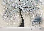 3D Blossom Tree Wallpaper : Pale Blue Flowers on Beige Mural - View 4