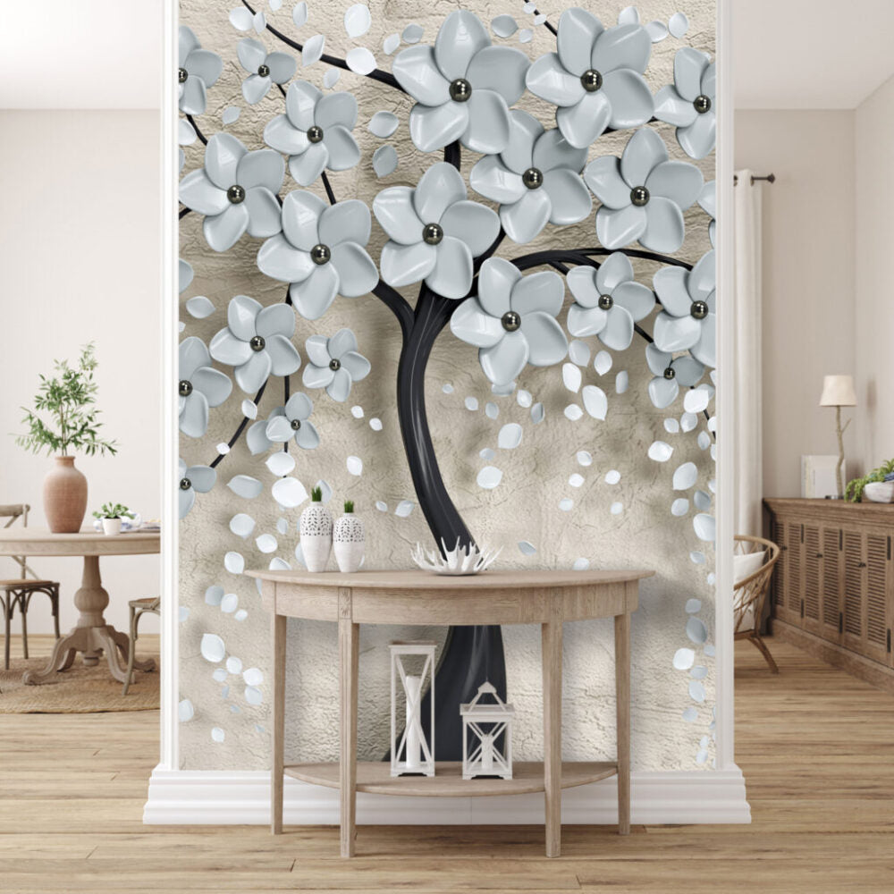 3D Blossom Tree Wallpaper : Pale Blue Flowers on Beige Mural - View 3