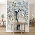 3D Blossom Tree Wallpaper : Pale Blue Flowers on Beige Mural - View 3