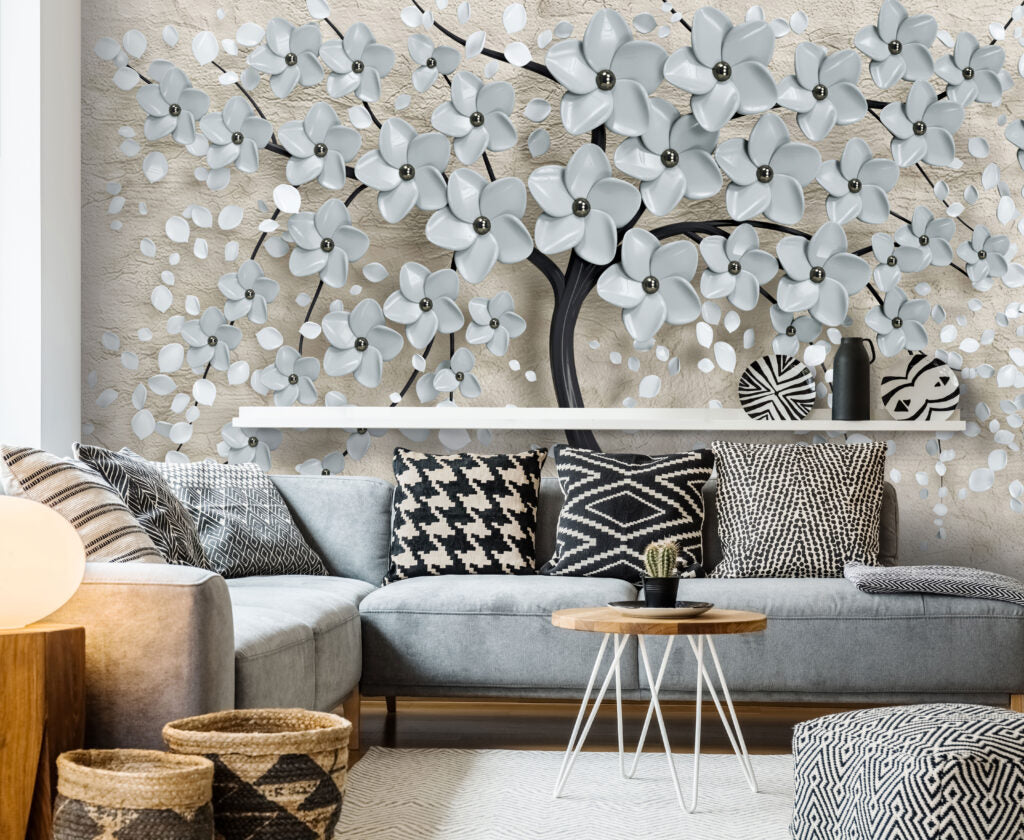 3D Blossom Tree Wallpaper : Pale Blue Flowers on Beige Mural - View 2