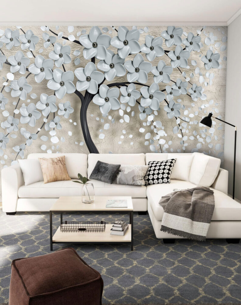 3D Blossom Tree Wallpaper : Pale Blue Flowers on Beige Mural - View 5