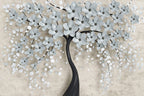 3D Blossom Tree Wallpaper : Pale Blue Flowers on Beige Mural - flat design