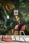 Gold Monstera Wallpaper : Dark Green Tropical Mural