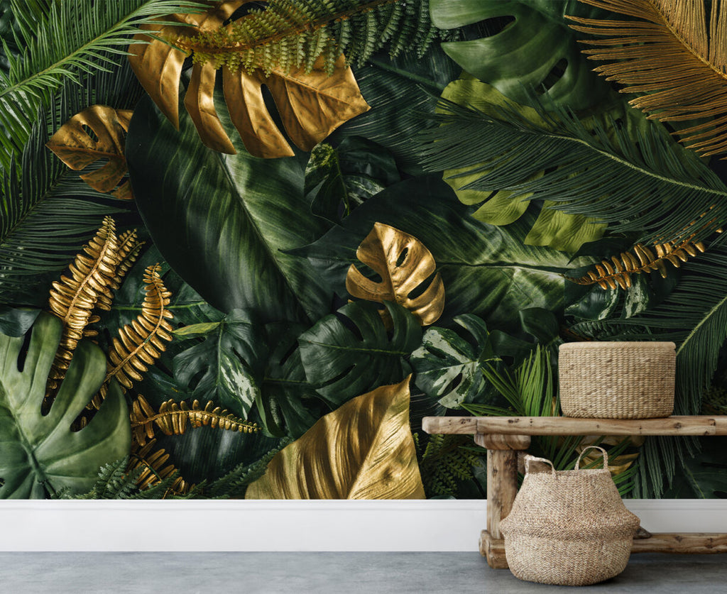 Gold Monstera Wallpaper : Dark Green Tropical Mural - View 5