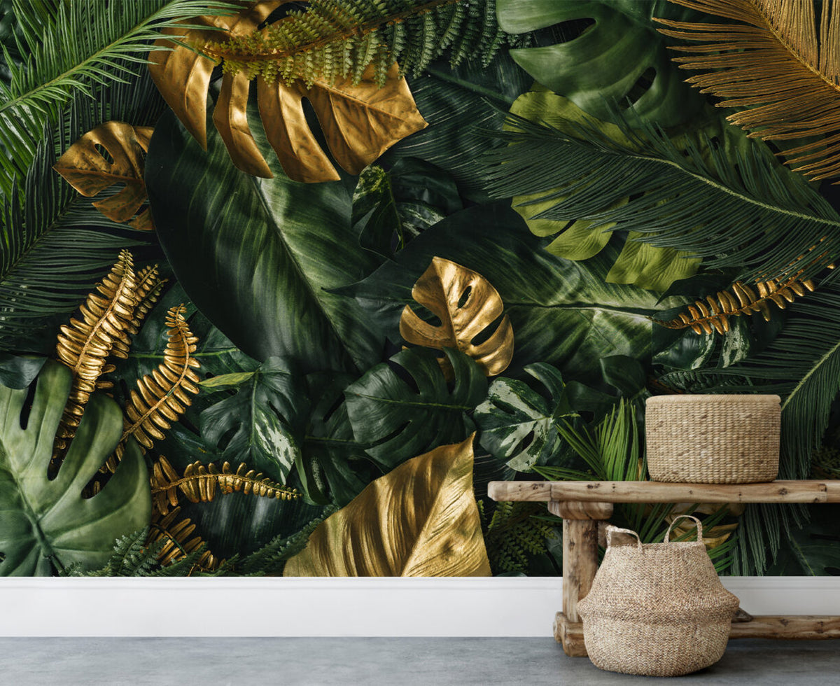 Gold Monstera Wallpaper : Dark Green Tropical Mural - View 5