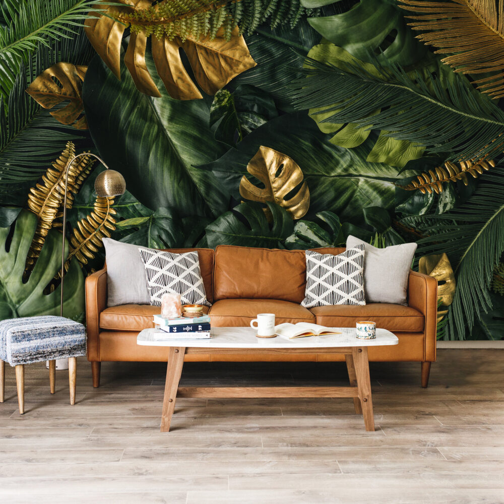Gold Monstera Wallpaper : Dark Green Tropical Mural - View 4