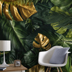 Gold Monstera Wallpaper : Dark Green Tropical Mural - View 3