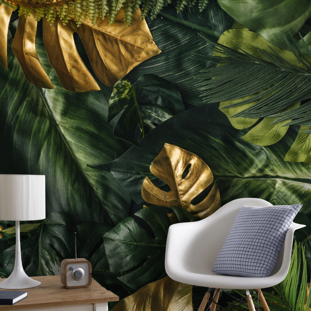 Gold Monstera Wallpaper : Dark Green Tropical Mural - View 3