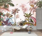 Pink Tropical Wallpaper : Colorful Palms and Animals Mural - View 3