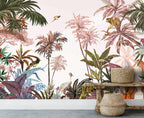 Pink Tropical Wallpaper : Colorful Palms and Animals Mural - View 2