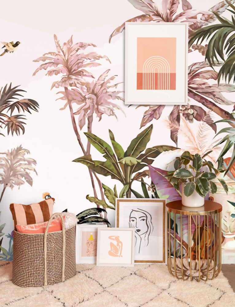 Pink Tropical Wallpaper : Colorful Palms and Animals Mural - View 4