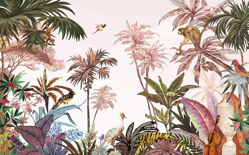 Pink Tropical Wallpaper : Colorful Palms and Animals Mural - flat design