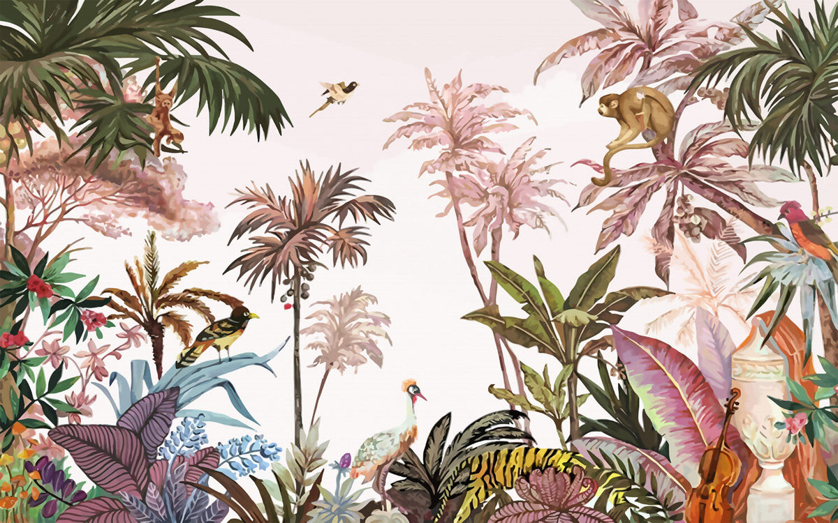 Pink Tropical Wallpaper : Colorful Palms and Animals Mural - flat design
